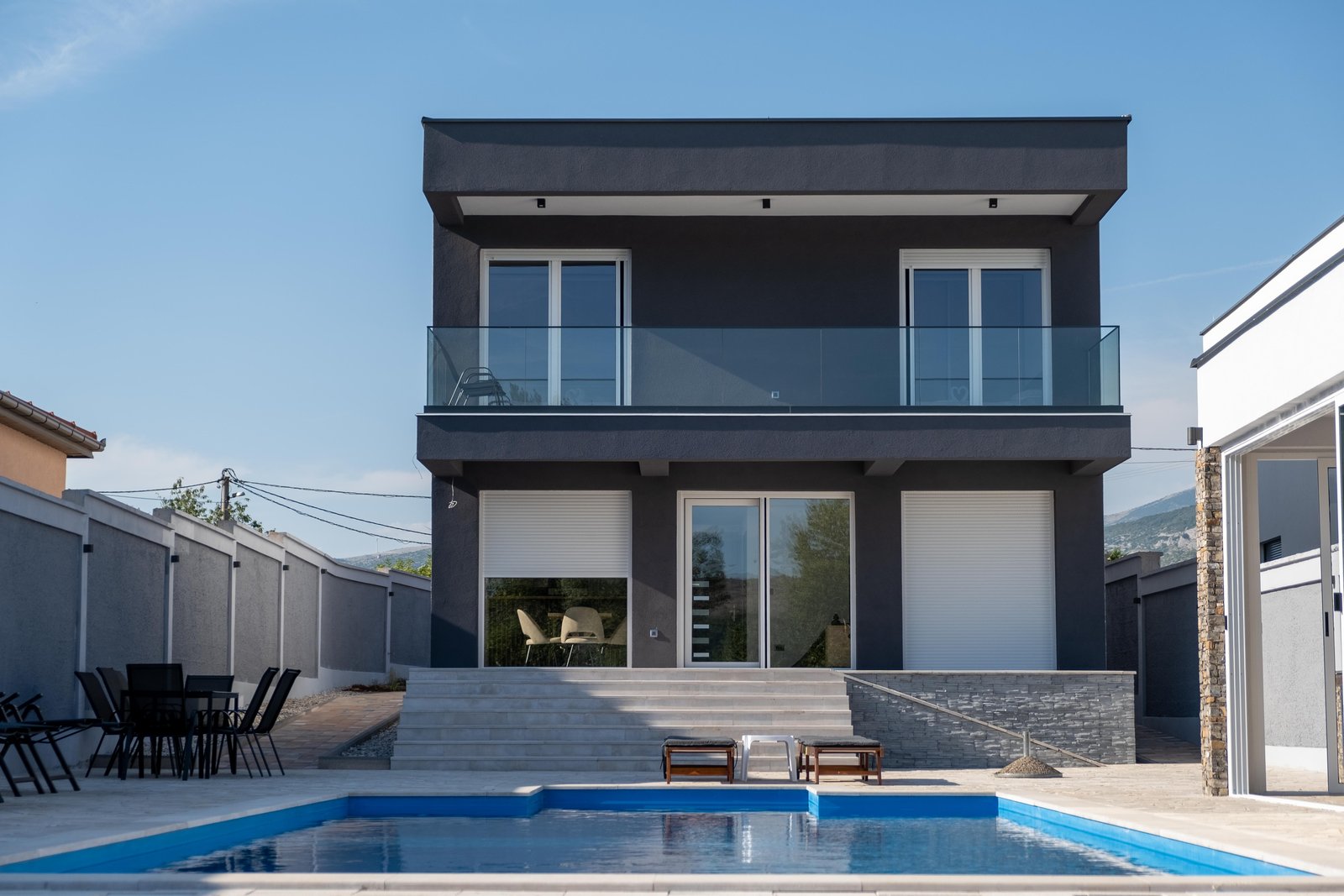 Villa Verona modern exterior with a private swimming pool and terrace in Blagaj, near Mostar