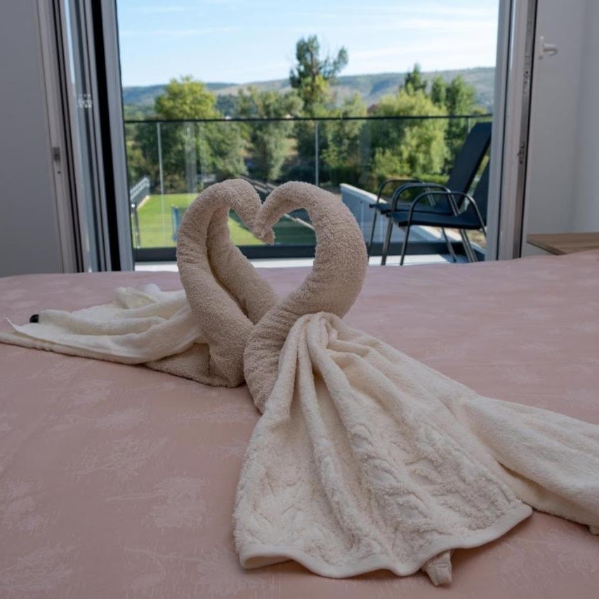 Bedroom with private terrace and green valley view at Villa Verona near Mostar